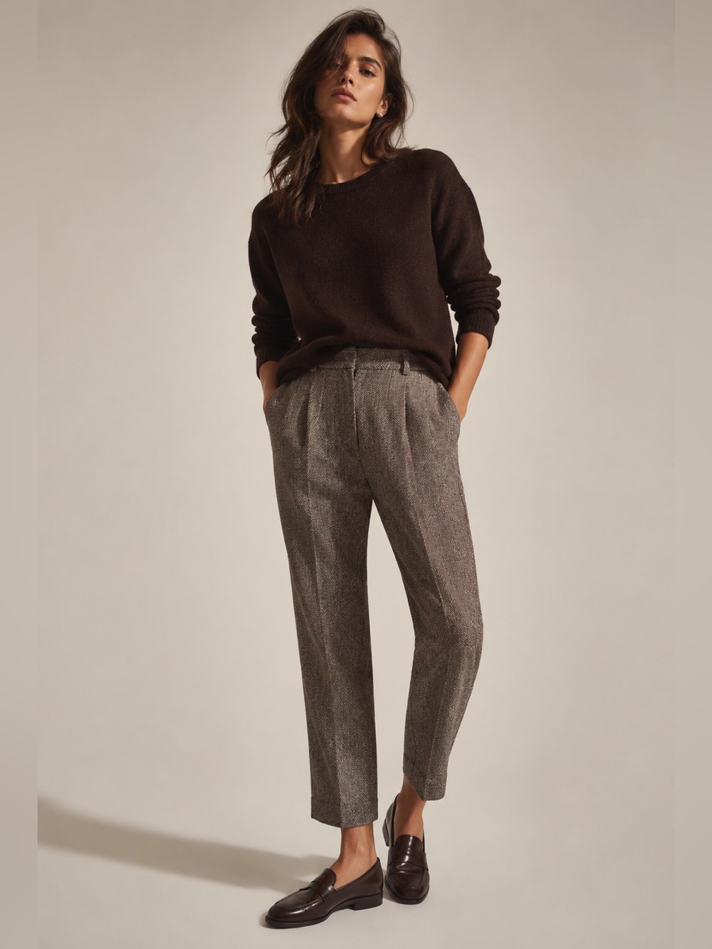 ASOS Design Brown Wool Blend Tweed Pleated Tailored Trousers 28